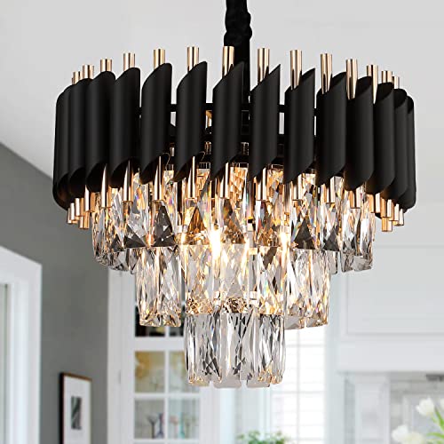 Lampos Modern Luxury Crystal Chandelier – 3-Tier Black & Gold