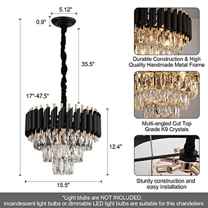 Lampos Modern Luxury Crystal Chandelier – 3-Tier Black & Gold