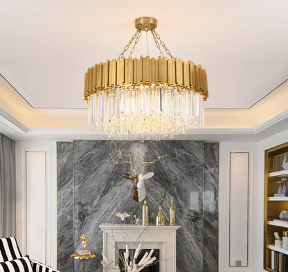 Lampos Gold Luxury Crystal Chandelier – Round Stainless Steel E14 Pendant Lamp