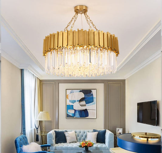 Lampos Gold Luxury Crystal Chandelier – Round Stainless Steel E14 Pendant Lamp